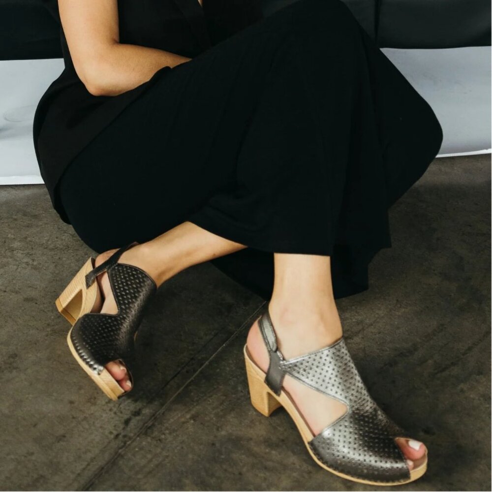 NEW Dansko Teagan Perforated Leather Peep Toe Heeled Sandals in Gunmetal - Picture 2 of 11